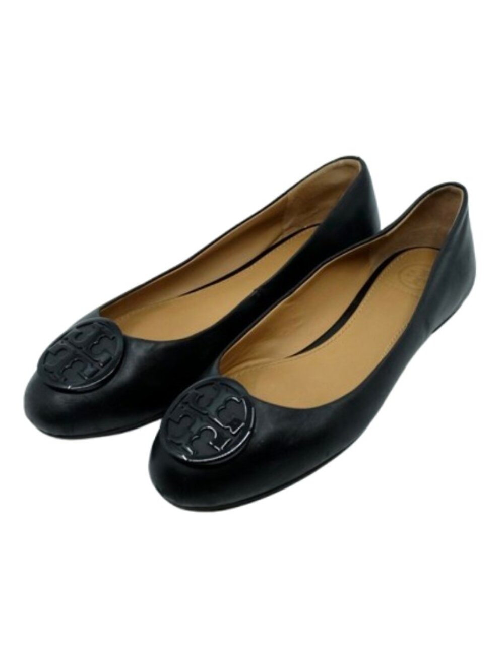 TORY BURCH~Black Reva Logo~BALLET FLATS~BLACK LEATHER SHOES~6M